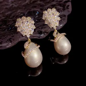 New 2026 Luxury Big Teardrop Pearl Drop Earrings For Women Flower Wedding Party Jewelry Gift Fashion Accessories Creative , 18K Gold Plated