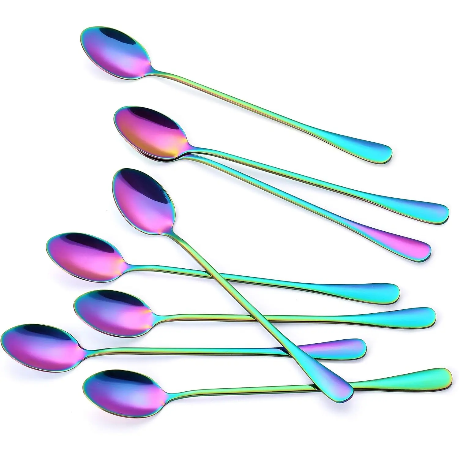 8 Pack Long Handle Spoons, Colorful Plated Latte Spoon, Stainless Steel Ice Cream Spoon, Iced Tea Spoon,Cocktail Stirring,Tea, Coffee, Milkshake Dessert Spoons