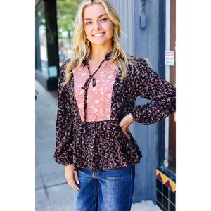 Black Floral Beaded Tie Peasant Woven Blouse