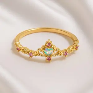 Princess Crown Non Tarnish Gold Plated Size 7 Ring with Heart Design and Pink Stones