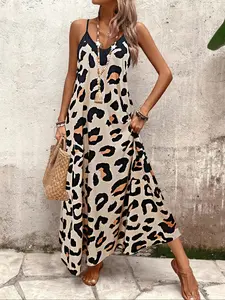 Women's Leopard Print Long Casual Loose Fit Strap Dress, Wearable Alone or with Outerwear, Summer Minimalist Style Woven Fabric