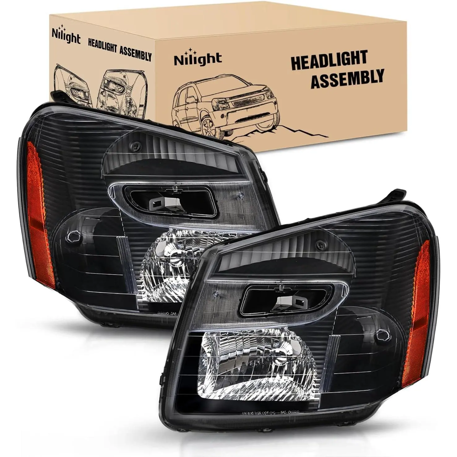 Niligft Headlight Assembly Compatible with 2005 2006 2007 2008 2009 Chevy Equinox SUV OE Style Replacement Headlights Black Housing Amber Reflector Headlamp Passenger and Driver Side