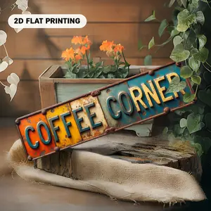 1PC 2D Flat Retro "Coffee Corner" Metal Sign - Ping Pong Iron Wall Art, Colorful Stripes, Suitable for Home, Bar, Restaurant or Garage Decoration, Indoor/Outdoor Use, Ideal Gift for Coffee Enthusiasts, Coffee Bar Accessories