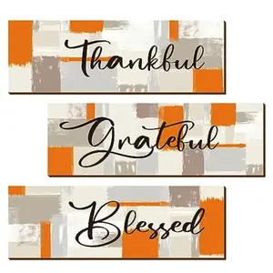 3-Piece Geetery Thankful Blessing Wall Decor Set, Wooden Hanging Decoration with Positive Quotes, Farmhouse Style Artificial Wood Art