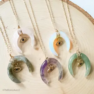 Gemstone Crescent Moon Necklace | Evil Eye Necklace | Celestial Jewelry