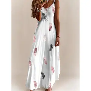 2025Vibrant Feather Print Cami Maxi Dress - Sleeveless V Neck Design, Flowy Casual Wear for Women - Perfect for Summer, Beach, and Outdoor Activities