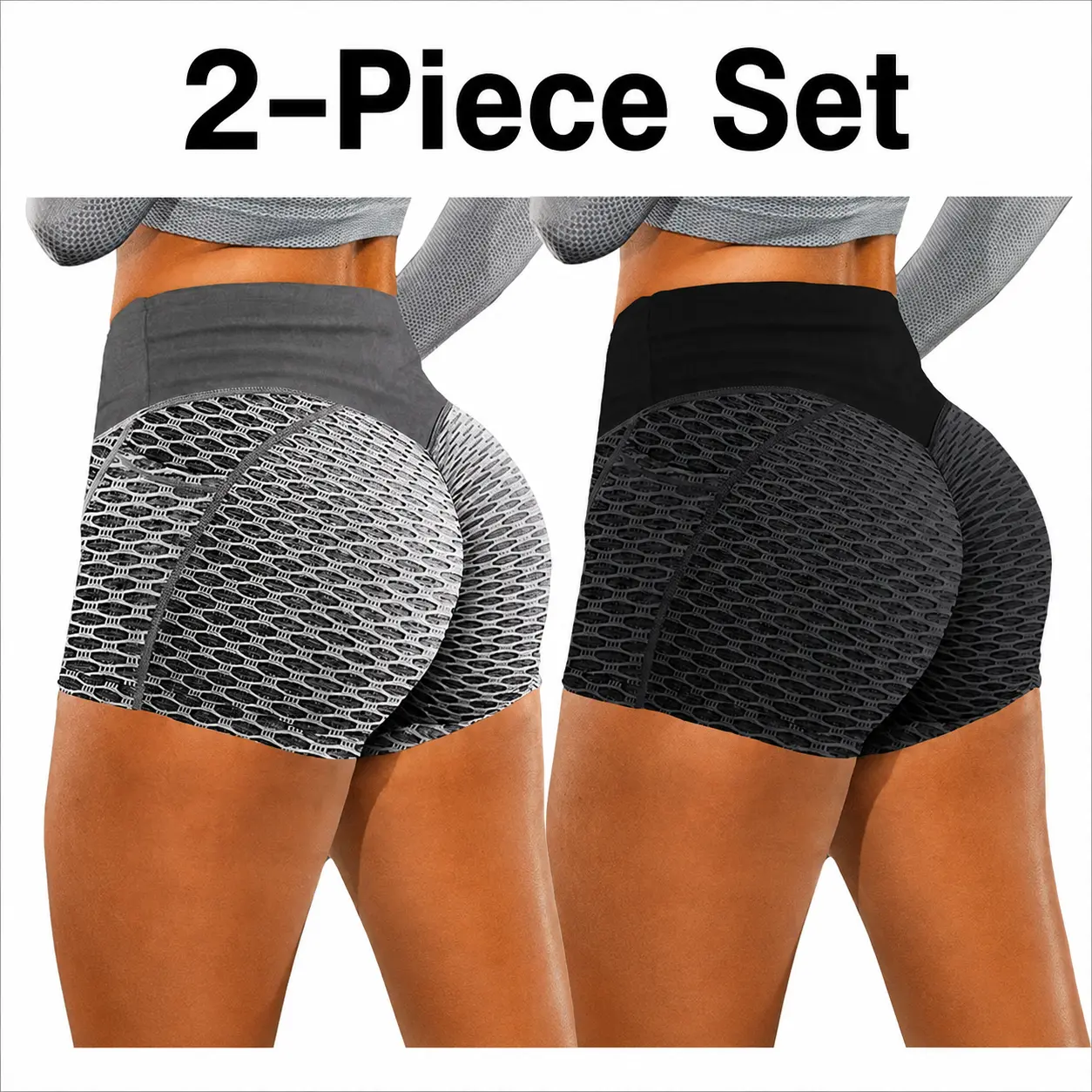 【2-Piece Set】Women's Textured Scrunched Shorts, High Waist Abdominal Control Sports Shorts with Butt Lifting for Gym & Yoga, Abdominal Control Women's Sports Shorts