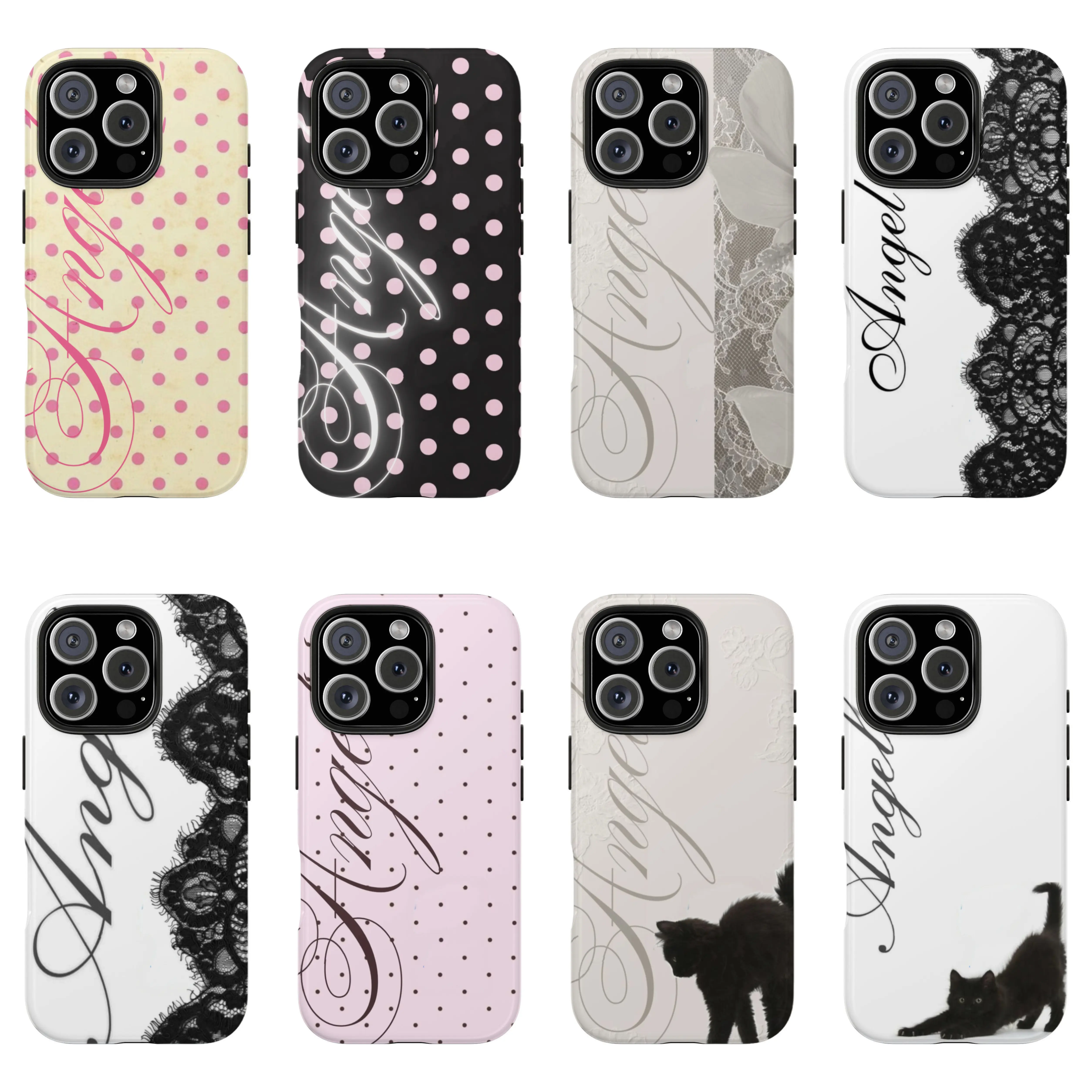 Y2K Coquette "Angel" Script Phone Case | Pink Polka Dot Aesthetic Protective Cover For iPhone 17 Pro Max 16 15 14 13 12  Phone Case | Tough Phone Case