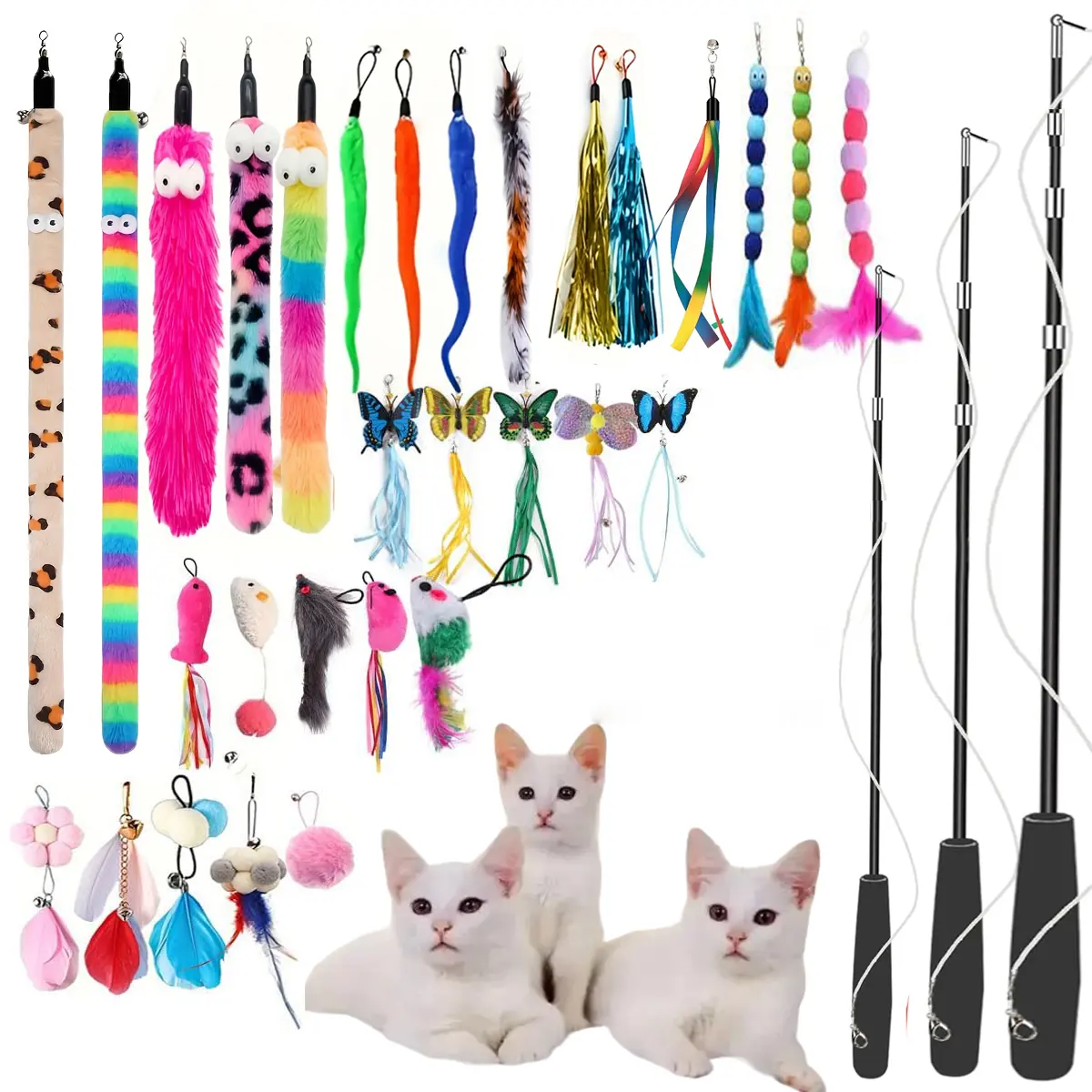 Retractable Cat Wand Toy Set - 6/10/20 Pcs with 5/9/19 Soft Replacement Heads Gentle Bell & Feather Mix, 20pc Variety Pack, Kitten-Safe Bite for Indoor Cats’ Chase Play & Exercise