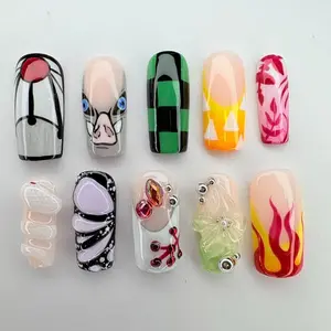 Anime Character Press On Nails, Demon Slayer Inspired Nail Set, Mixed 3D Art & Hand-Painted Designs, Unique Cosplay Fake Nails