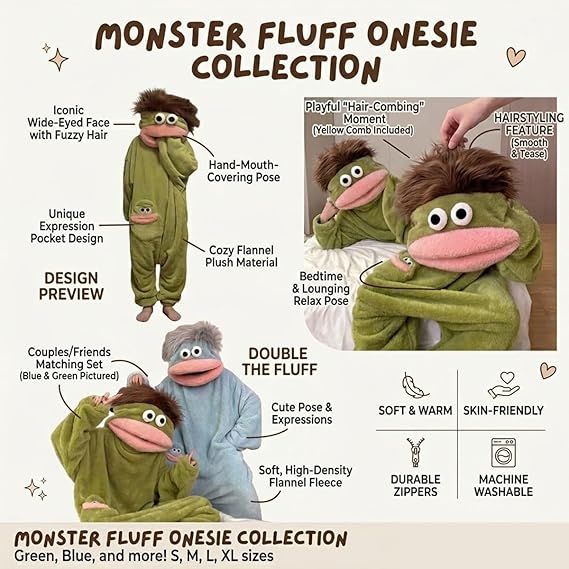 Funny Big Mouth Monster Onesie Pajamas with Large Comb – Oversized Plush Fleece Hooded One Piece for Sleep & Party