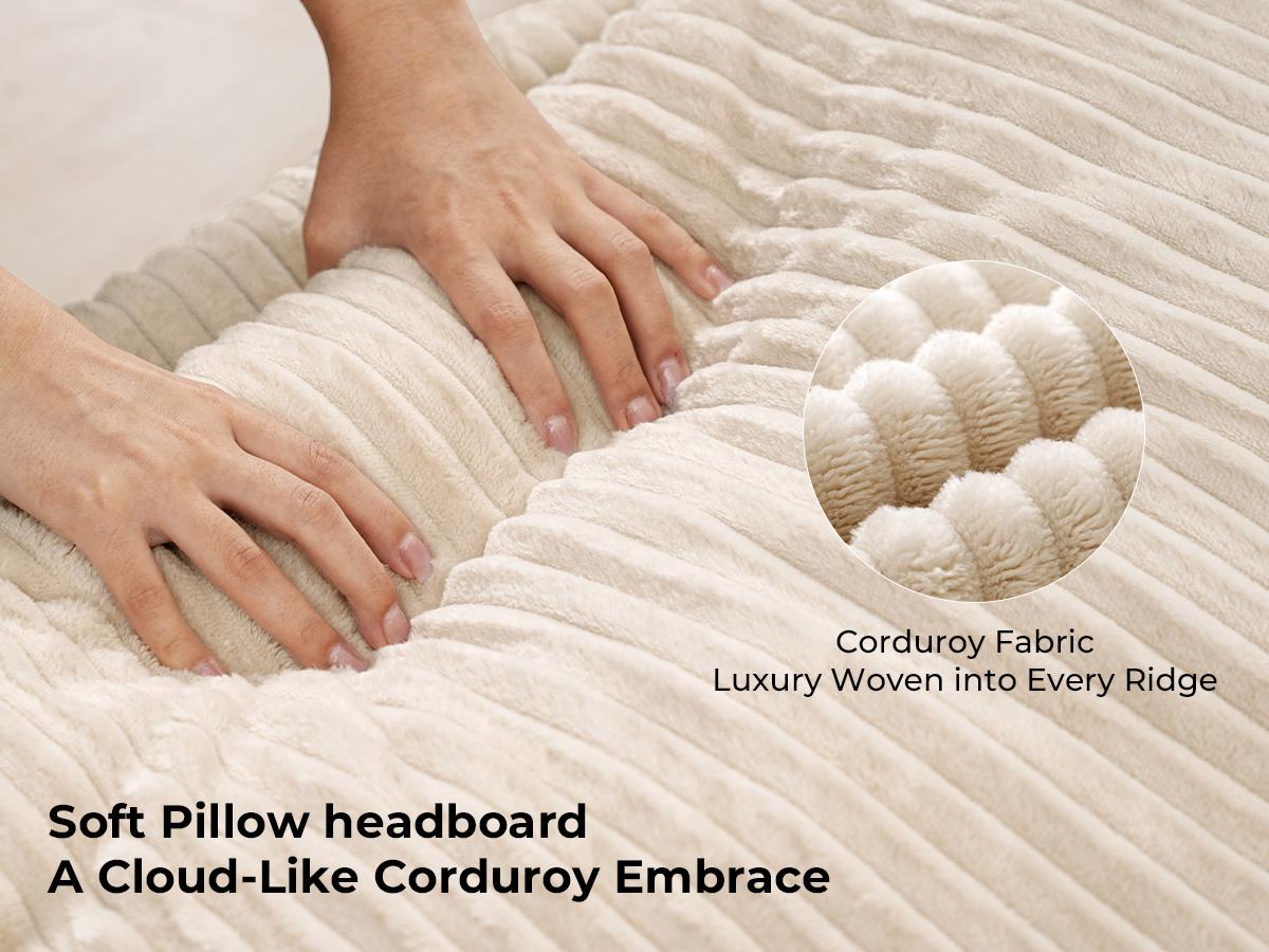 【Holiday Haul】King Size Upholstered Bed Frame girl with 51" Tall Headboard, Platform Bed with Widened Corduroy Cushion, Easy Assembly, No Box Spring Needed, cozy bed frame