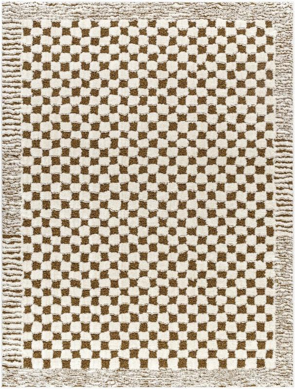 Livabliss FEU2326-537 Machine-Woven 100% Polyester Rectangular Soft Decorative Area Rug - 5ft3 x 7ft Ivory Checkered Grid Geometric Pattern High Pile Rug for Living Rooms, Home Interiors