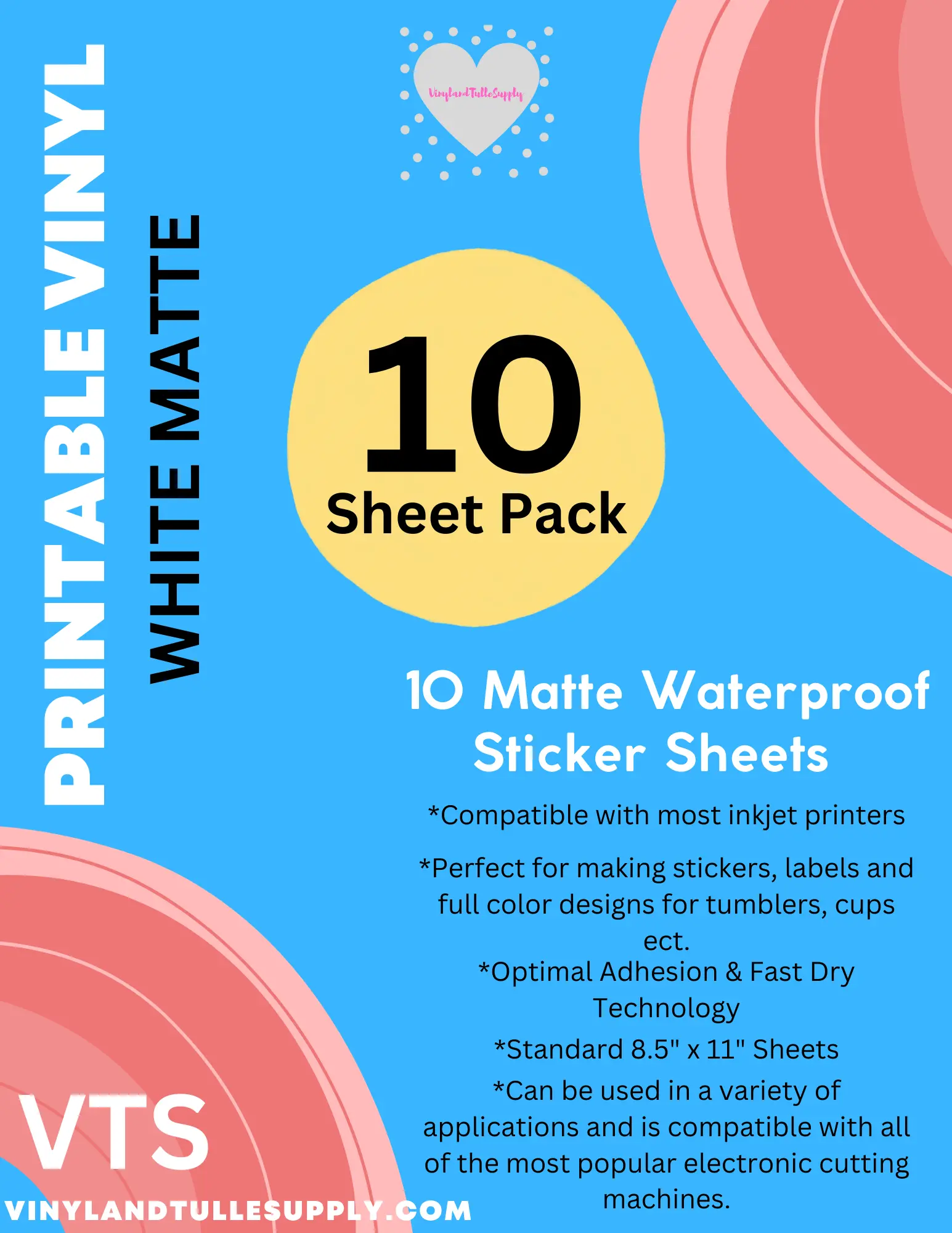 VTS Inkjet Printable White Matte Sticker Sheets - 10 Pack 8.5"x11" Permanent Vinyl, Waterproof Adhesive, Full Color Design Compatible, Fast Dry Tech, Optimal Adhesion for DIY Crafts (Toys & Hobbies Specialty DIY Supplies, Most Inkjet Printers Compatible),