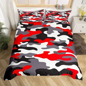 Camouflage Men Army Camo Military Red Black White Duvet Cover,Colorful Pattern Decor Bedspread Cover,Queen Size 3Pcs Quilt Cover ,NO Comforter