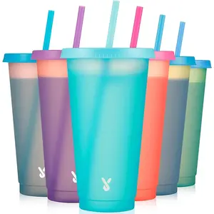 Plastic Cute Cold Cups with Lids and Straws Bulk for Iced Coffee - 6 Pack 24 oz Color Changing Reusable for Adults Kid Women Party