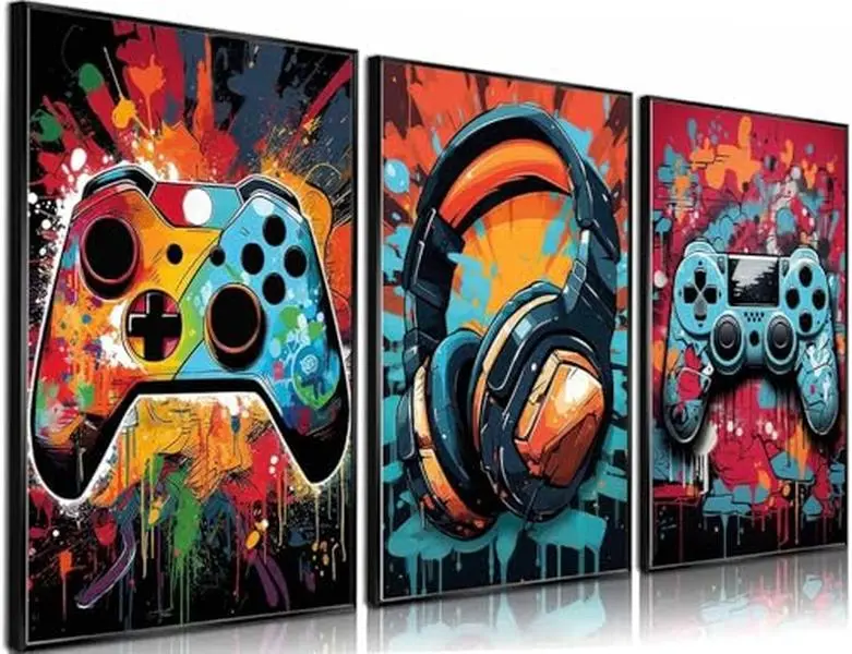3Pcs Cool Gaming Wall Art Retro Video Gamer watercolor Posters Pictures Colorful Neon Gamepad Canvas Painting Prints for Boys Room Kids Gamer Room Bedroom for Boys Home Decoration