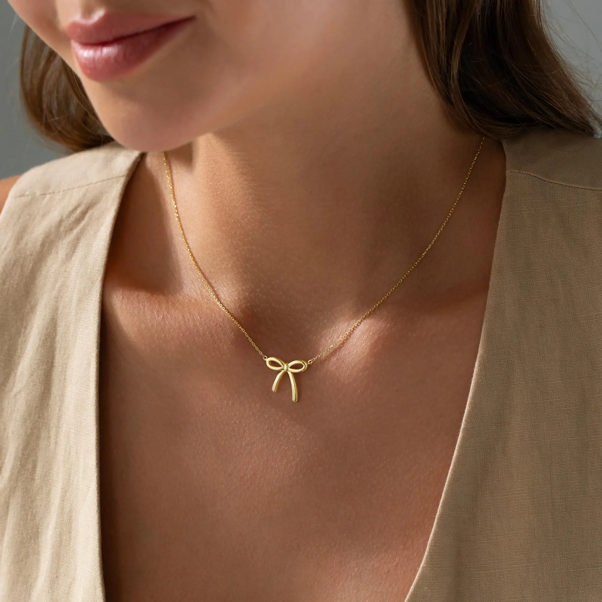 14K Gold Plated Bow Necklace – Dainty Cute Choker Pendant for Girls & Women
