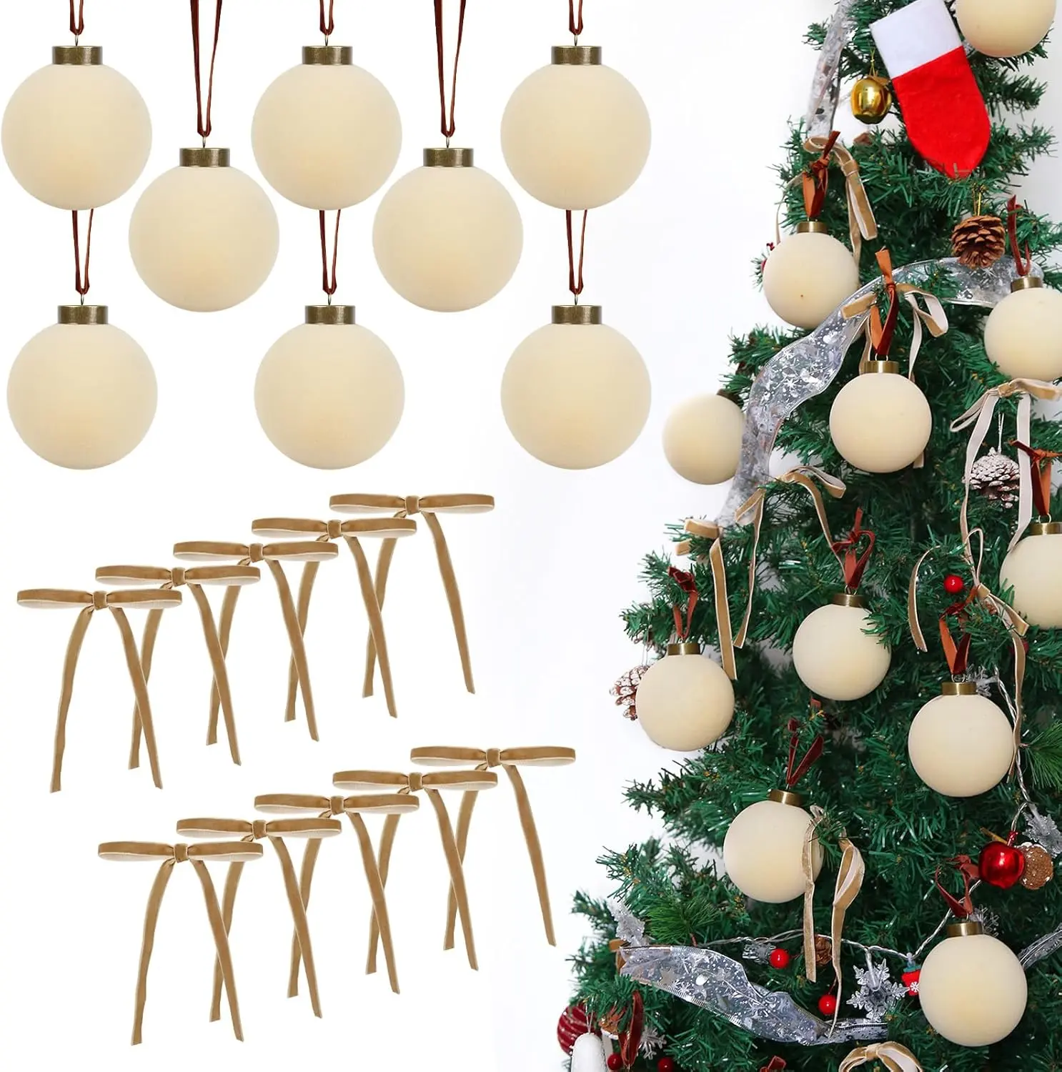15 count  White  Christmas Balls 3.15", Flocked Ornaments Combo with 10 count  Bows, Neutral Christmas Ornaments for Christmas Tree Party Holiday Decorations ( White)