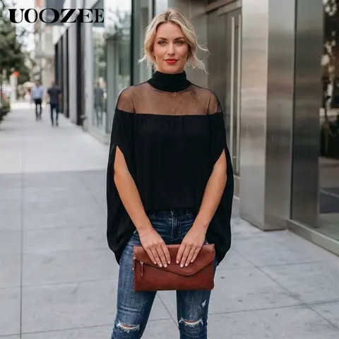 UOOZEE Women's Plain High Neck Batwing Long Sleeve Polyester Soft Sheer Knit Blouse - Casual, Loose Fit Shirts with Button See-Through Panel for Daily Minimalist Wear