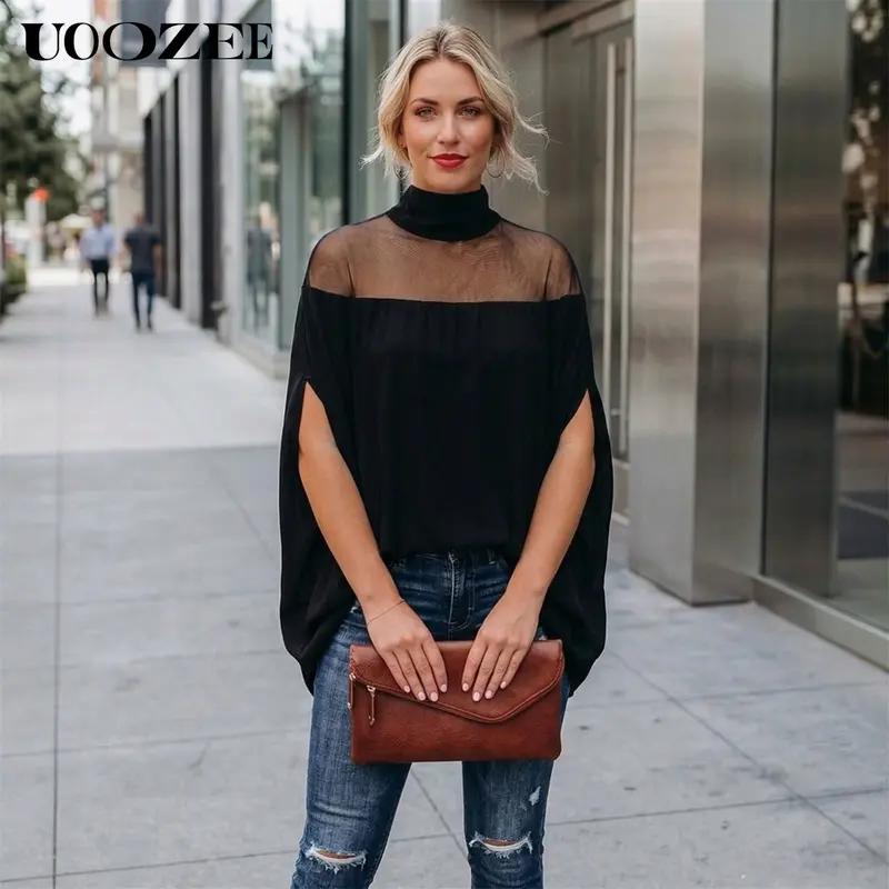 UOOZEE Women's Plain High Neck Batwing Long Sleeve Polyester Soft Sheer Knit Blouse - Casual, Loose Fit Shirts with Button See-Through Panel for Daily Minimalist Wear