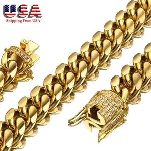 Gold Plated Mens Heavy Miami Cuban Link Chain Choker with Lab Diamond Clasp Stainless Steel Hip Hop Thick 8mm-14mm Necklace cuban  chains iced  out