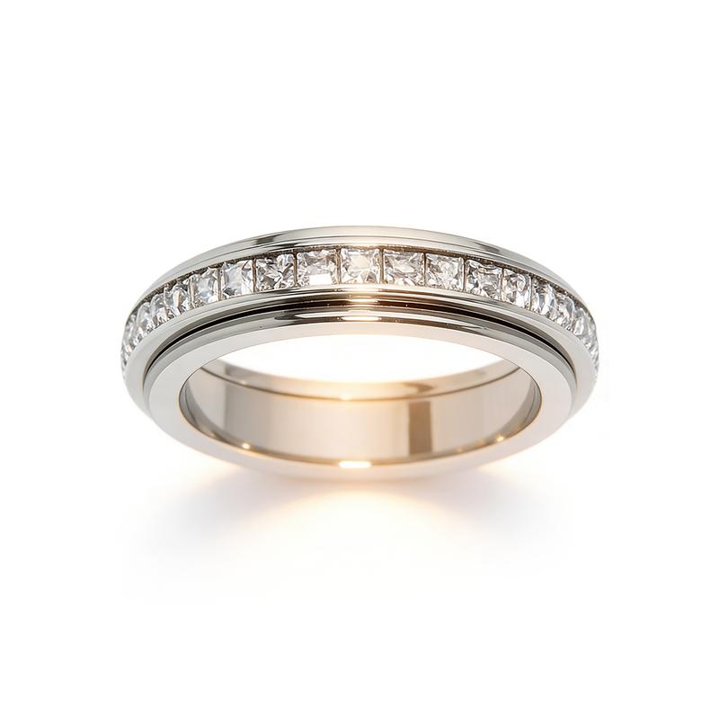 Anxiety Rings for Women and Men Titanium Steel Spinner Fidget Band Rings with Cubic Zirconia for Stress Relief and Wedding Promise Comfort Fit Size 5 to 12