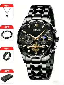 Men's 4-Piece Quartz Watch Set, Shell and Face, Steel Band, Luminous Hands, Fashionable and Versatile, Ideal Gift Choice