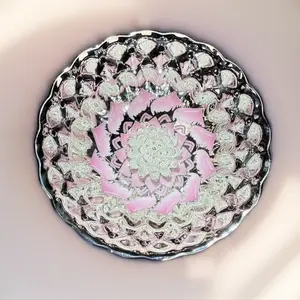 33silver Lotus Teacup Ceramic Matcha Set Circular Wooden Drinkware with Scallop Edge & White Floral Motif