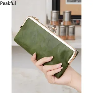 2026 Vintage Kiss Lock Long Women's Wallet Solid Color Multi functional Zipper Wallet Minimalism Double Fold Large Capacity Handbag