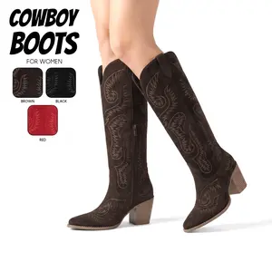 Cowboy Boots For Women Knee High Boot Pointed Toe Chunky Block Heel Side Zipper Embroidered Pull On Fashion Vintage Retro Chic Party Date Dress Concert Night Club Western Trendy Cowgirl Shoes