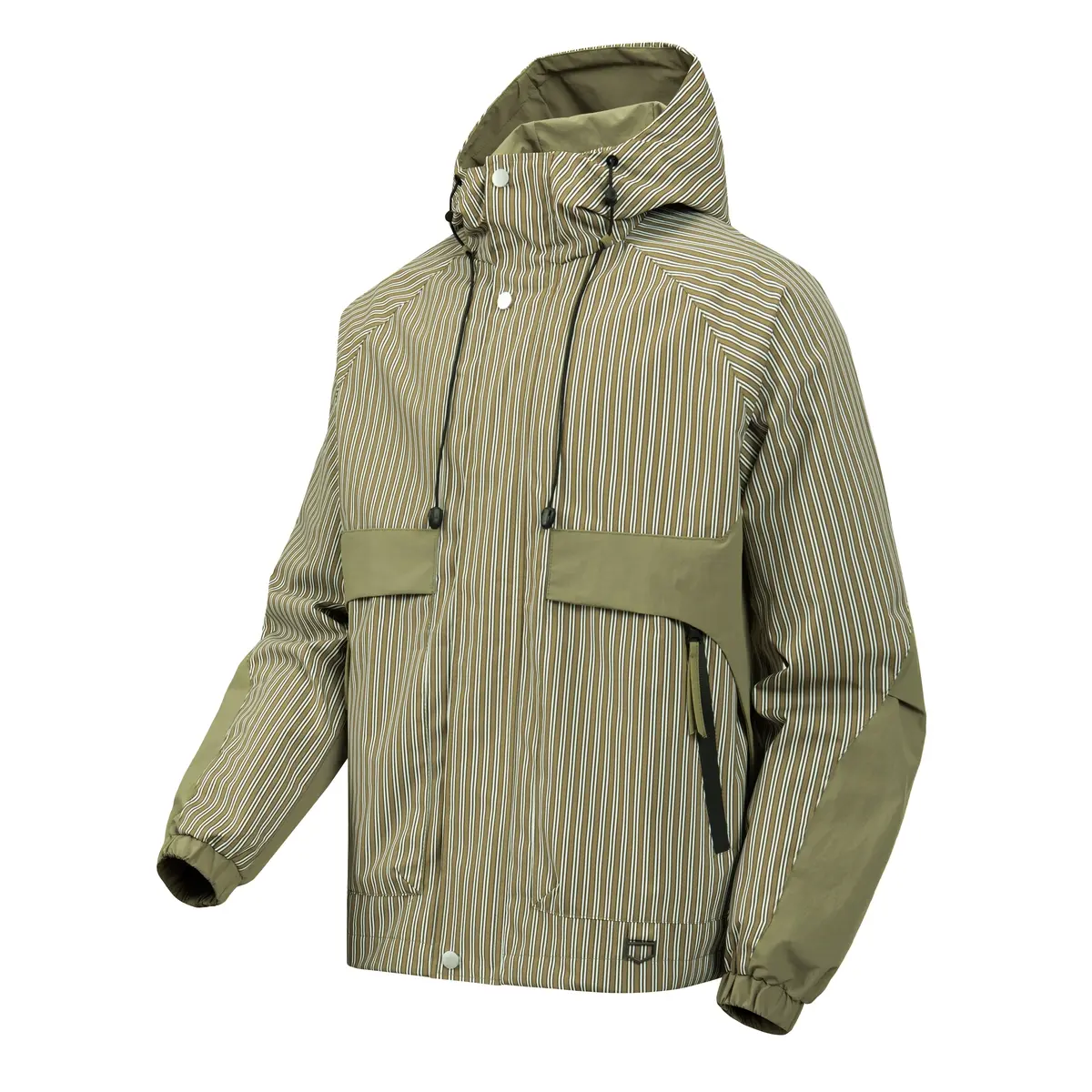 Men's Long Sleeve Striped Vertical Spliced Hooded Windbreaker Jacket - Khaki Color Block Zip-Up Coat with Snap Buttons, Drawstring Hood, Elastic Cuffs - Menswear Casual Wear Tops Windproof Outdoor Outerwear