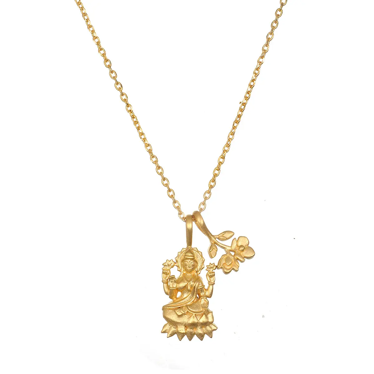 Lakshmi Hindu Goddess and Flower Pendant Necklace, 18kt Gold Plated Spiritual Jewelry, Dainty Abundance Charm Gift for Women, Meaningful Gifts, Gold Pendant, Abundance Blessing