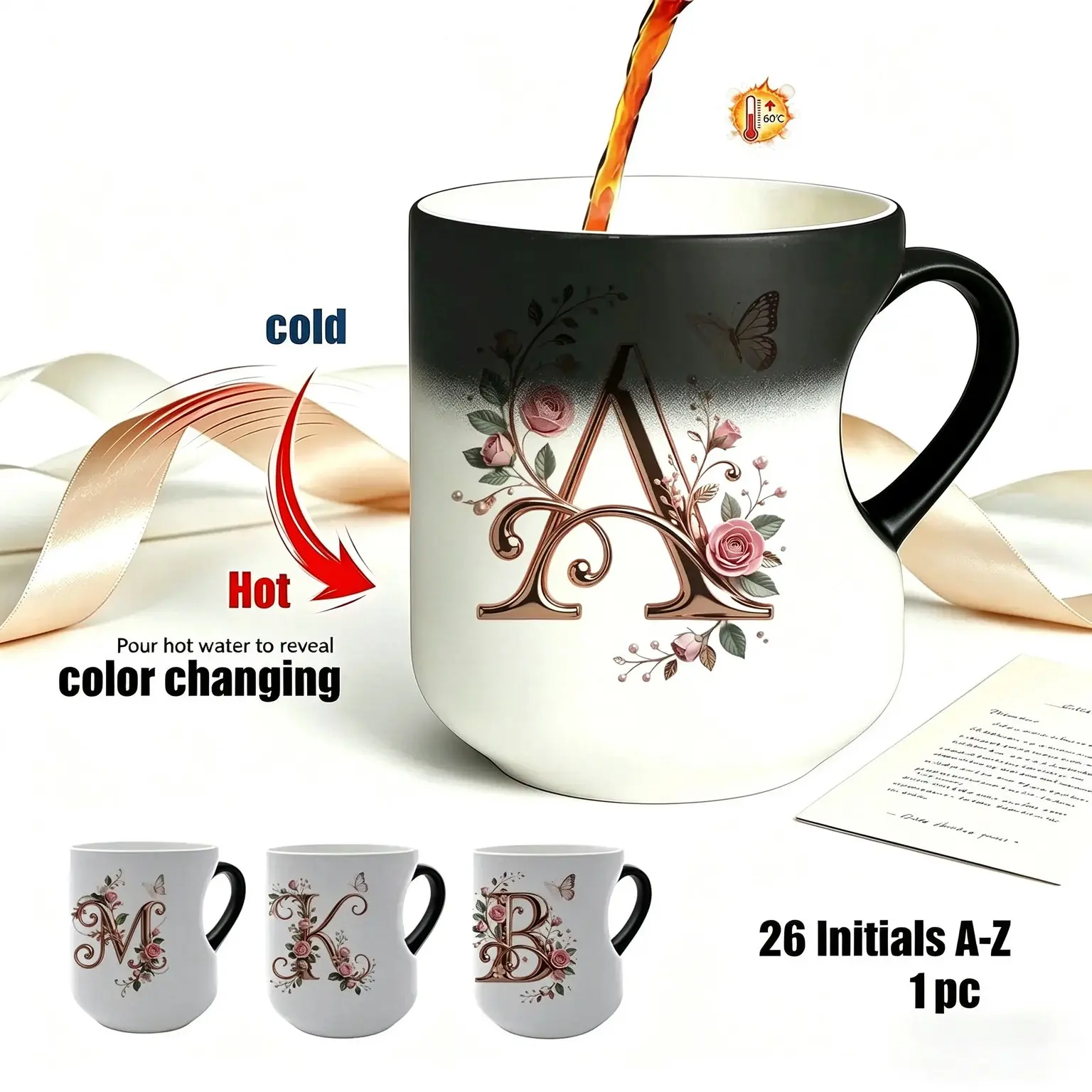 Elegant Rose Gold Floral Initial Ceramic Drink Mug, Heat-Sensitive Color-Changing Reusable Washable Magic Coffee Cup, Personalized Gift for Friends