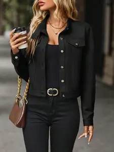 Women's Autumn Casual Stand Collar Long Sleeve Fitted Jacket Coat with Pockets & Buttons, Stylish Outerwear for Ladies, Perfect for Daily Wear Womenswear