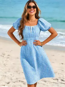 Vintage French Yellow & White Gingham Square Neck Puff Sleeve Tie-Front Backless Waist-Cinched Cottagecore Vacation, Chill Coastal Casual Beach Midi Dress, Casual Dresses