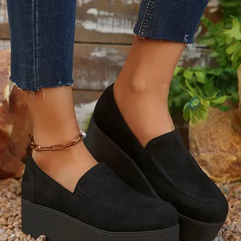 Women's Fashionable Solid Color Platform Suede Loafers, Casual Comfortable Rubber Slip-on Walking Shoes for Daily Wear, Female All-match Shoes for Daily Wear, Girl