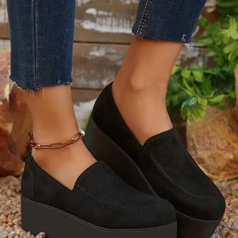 Women's Fashionable Solid Color Platform Suede Loafers, Casual Comfortable Rubber Slip-on Walking Shoes for Daily Wear, Female All-match Shoes for Daily Wear, Girl