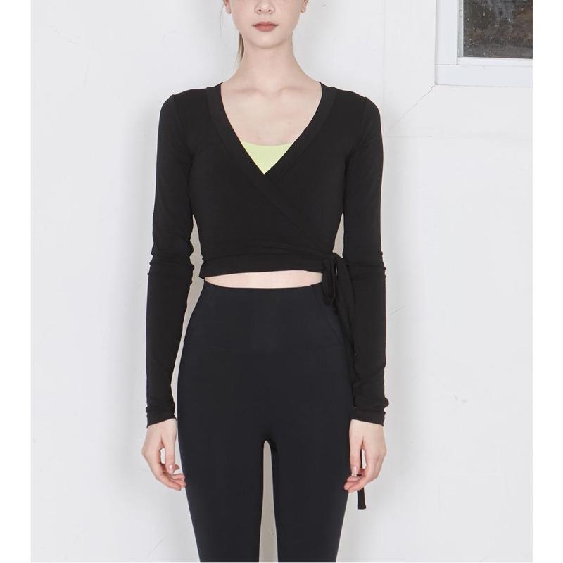 Women Solid Color Dance TopsFit Wrapped V Neck Tie-up Long Sleeve Crop Ballet Cardigan