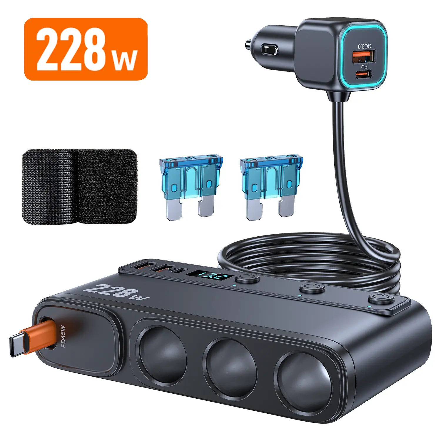 Multifunctional Universal USB Car Charger - 9-in-1 228W Type C PD QC3.0 Charger with Independent Switches, 3 PD Sockets & DC Cigarette Lighter Splitter, Multifunctional Charger