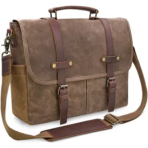 Mens Messenger Bag 15.6 Inch Waterproof Vintage Genuine Leather Waxed Canvas Briefcase Large Leather Computer Laptop Bag Rugged Satchel Shoulder Bag