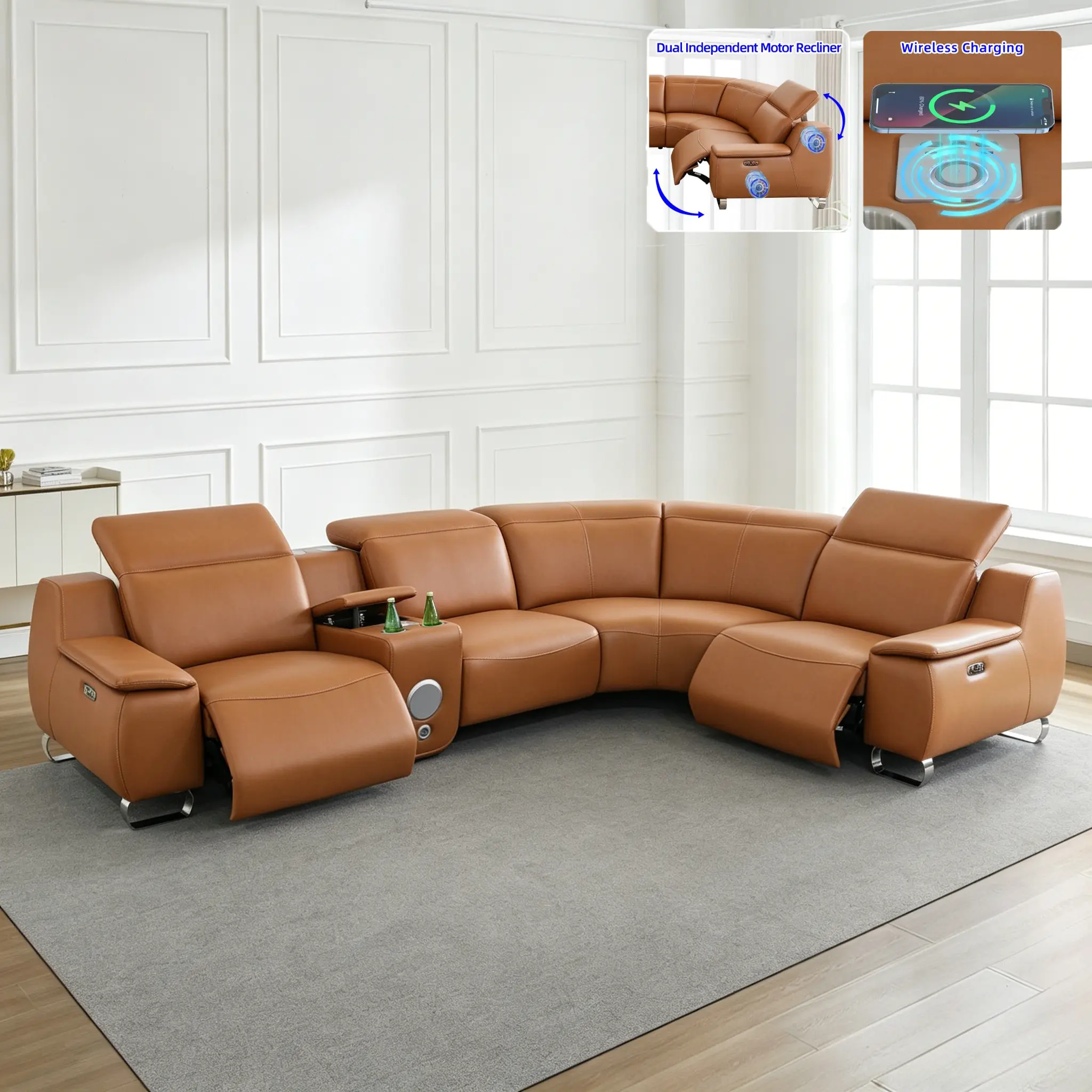 5-Piece Smart Recliner Couch, featured with premium technical fabric for great wear resistance. Eye-catching orange & yellow hues add vitality, electric reclining system works smoothly for daily rest.