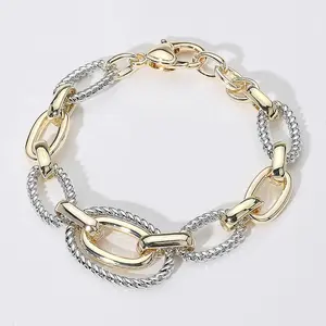 14K Gold Plated Two Tone Textured Oval Chain Link Bracelet