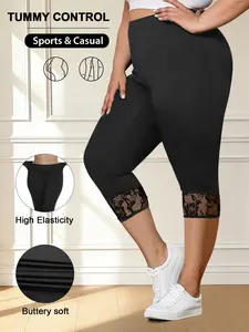 High Waist Lace Cuff Tight Pants, High Elasticity Seven-Quarter Pants, Abdominal Control, Butter Soft Fabric, Comfortable Fashion Women's Clothing