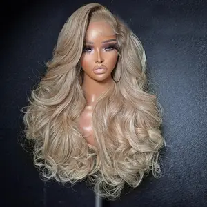 Milk Tea Ombre Blonde Body Wave Ash Blonde Human Hair Lace Frontal Wig With Baby Hair 13x6 HD Transparent Pre Plucked Wig 200% Density Human Hair Can Be Restyled For Women