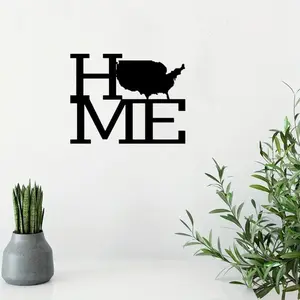 USA Map Silhouette Home Sign with Rustic Iron Hanger, 1 Count Patriotic Metal Wall Art, Wall Decor for Living Room & Entryway, Hanging