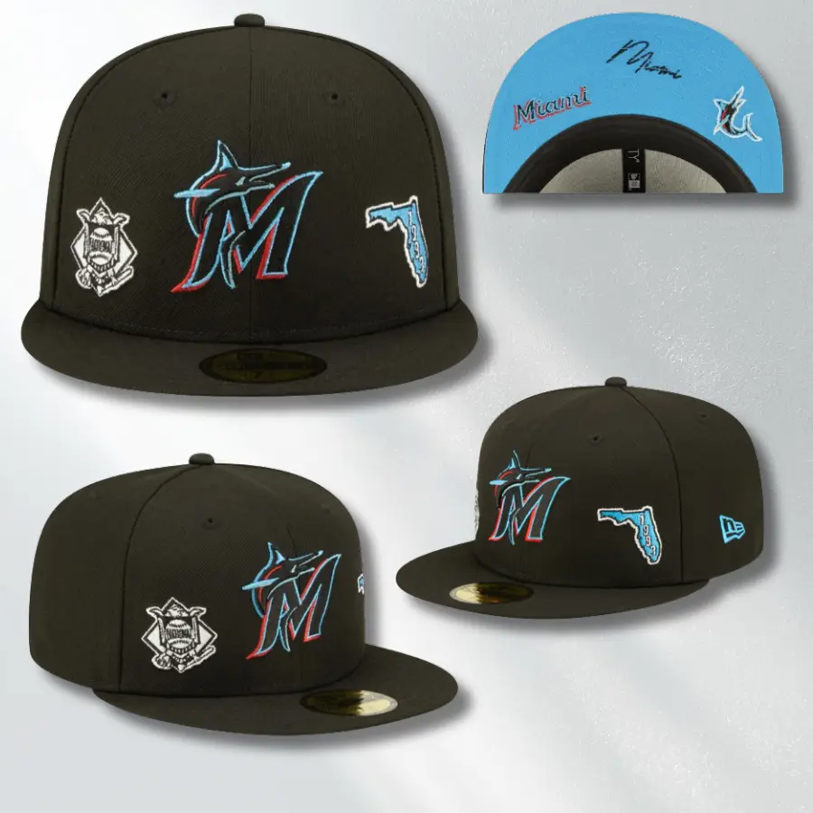 New Era 59FIFTY Miami Marlins Fitted Baseball Cap – Black Flat Bill Hat with Multicolor Marlins Logo, Florida 1993 Side Patch, Flat Brim MLB Baseball Hat