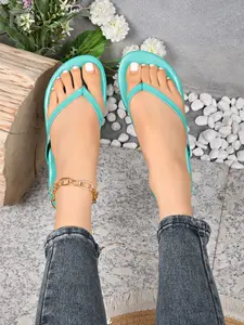 Multicolor Glossy Flip-Flops, Boho Style, Fabric Upper, Rubber Sole, Solid Pattern, Less Than Ankle Height, Comfortable Summer Sandals