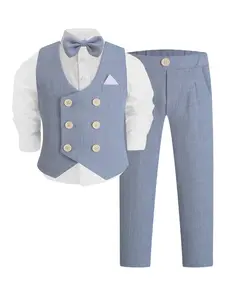 Boys' Double-Breasted Vest 4-Piece Suit (Shirt + Vest + Trousers + Bow Tie) Blue-Grey / Light Grey Options Tailored Slim Fit Perfect for Page Boys Hosting & Performances