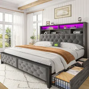 Bed Frame With 4 Drawers And Bookcase Headboard Platform Bed With LED Lights And Charging Station No Noise, Grey mirror